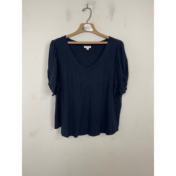 J. Jill Tops - J. Jill Womens Navy Blue Slub Knit V-Neck Puff Sleeve Top XL 291451